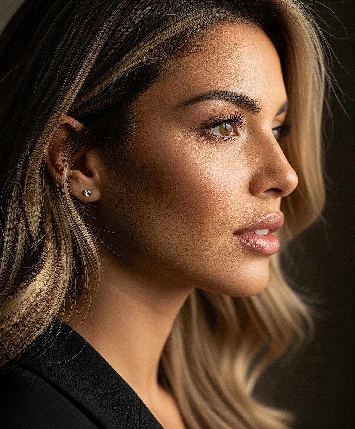 Profile portrait of a hispanic rhinoplasty patient model with wavy hair.