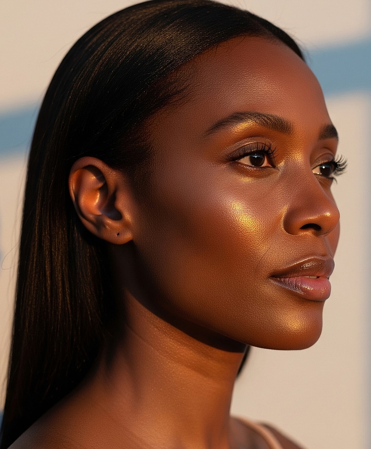 Profile of a dermal filler patient model looking toward the sun with glowing skin.