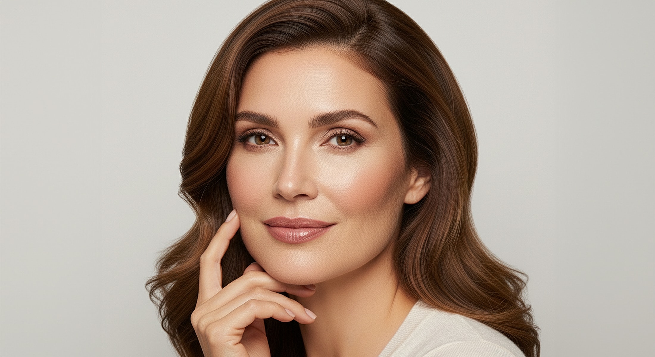 fat transfer patient model with brown hair and natural makeup.