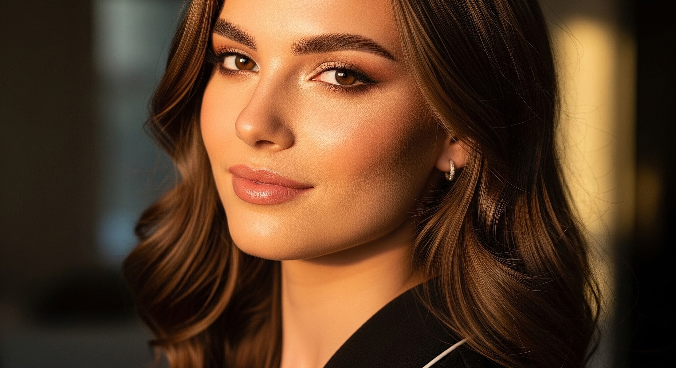 Young lip lift patient model with wavy hair and glowing skin.