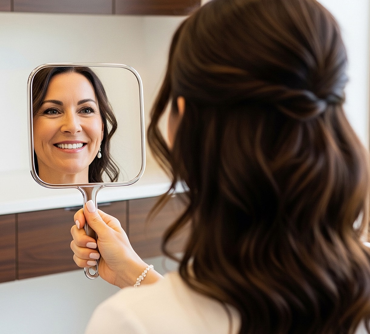 Woman admiring herself in a mirror.