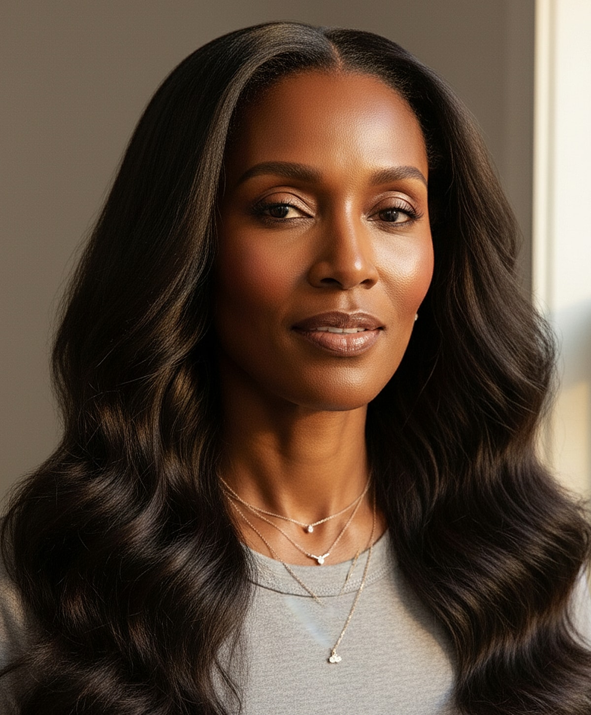 Portrait of a woman with long wavy hair.