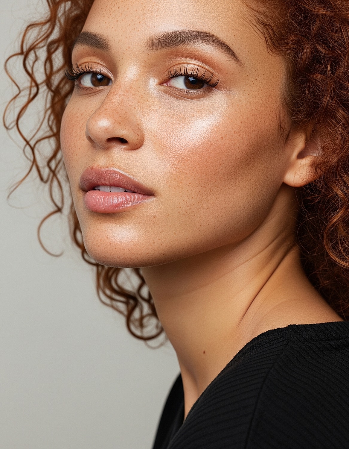 Portrait of a woman with curly red hair.
